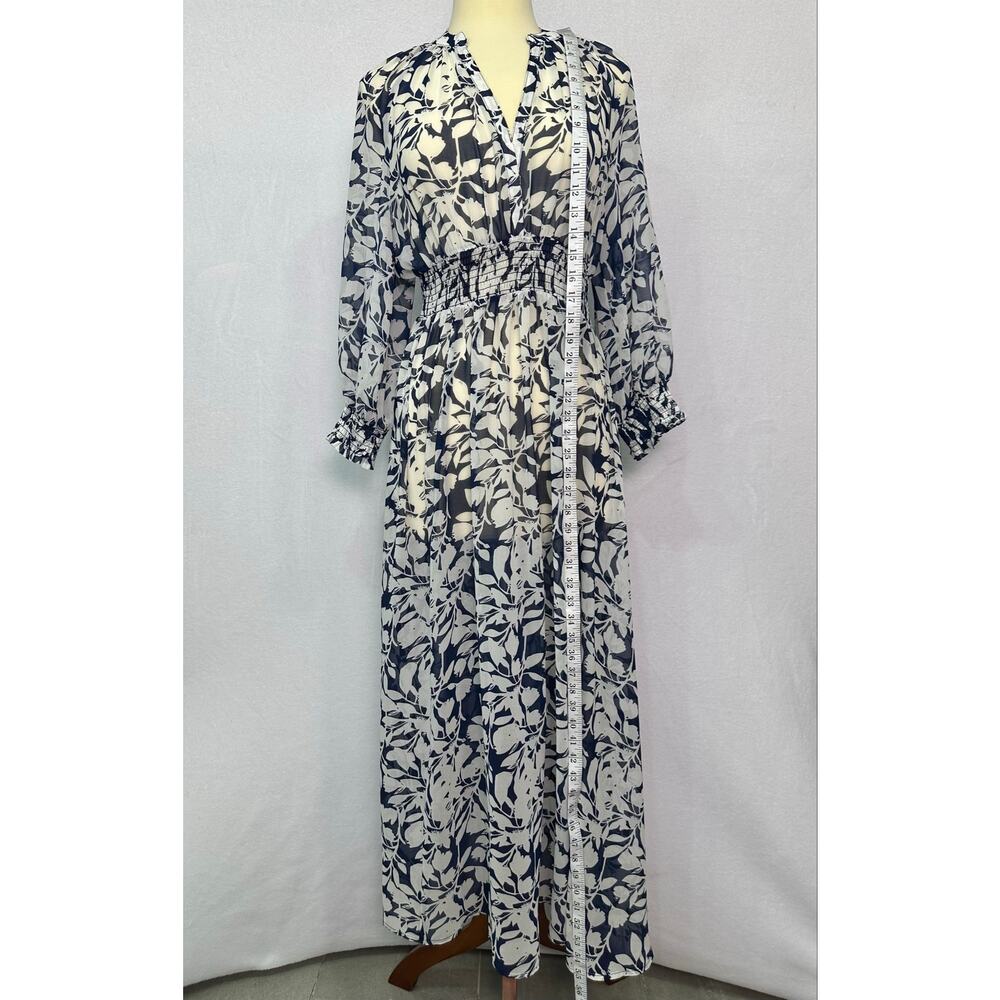 Hudson North Blue White Floral Sheer Smocked Waist Maxi Dress Size Large - Picture 8 of 10